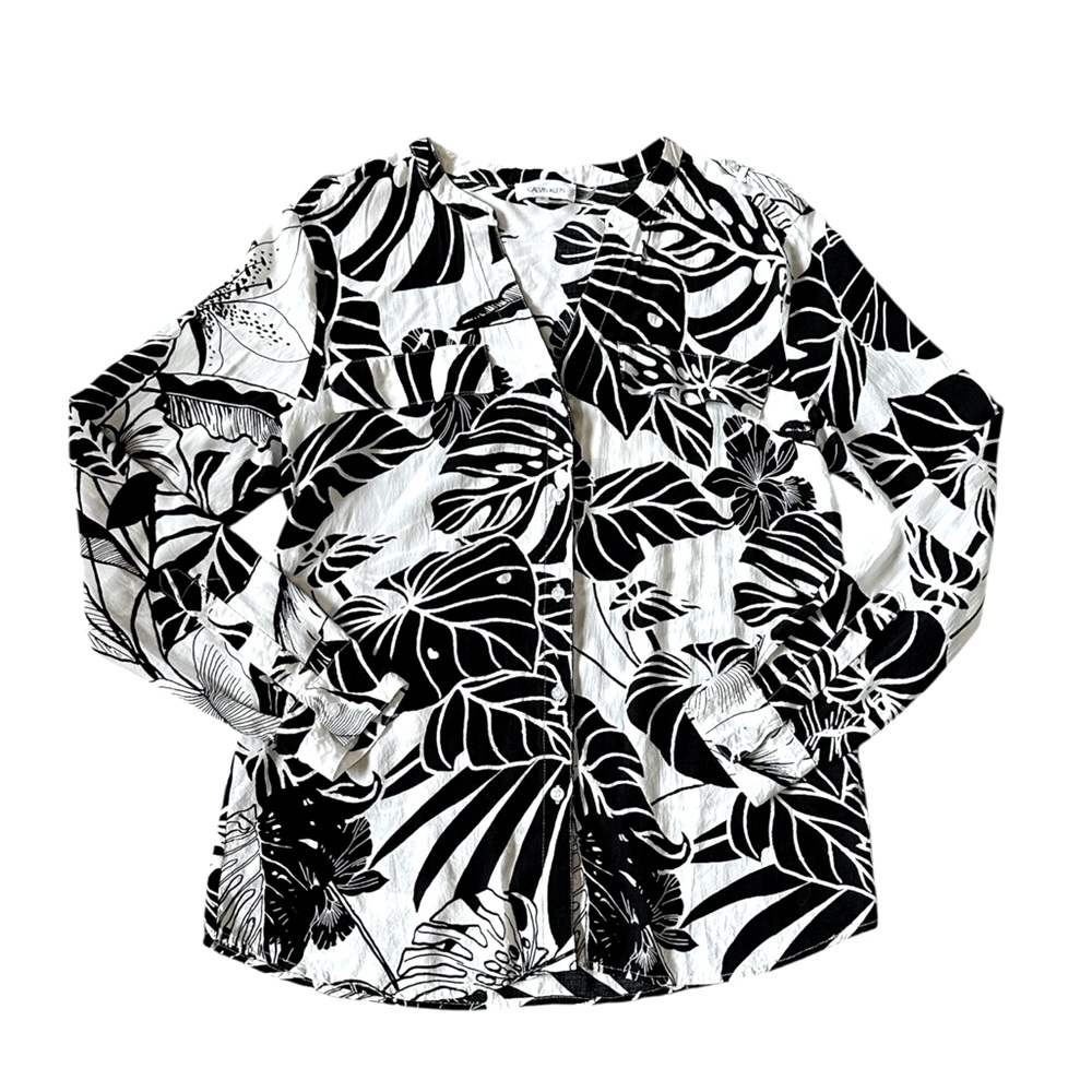 CALVIN KLEIN black and white tropical print button front long sleeve top size M